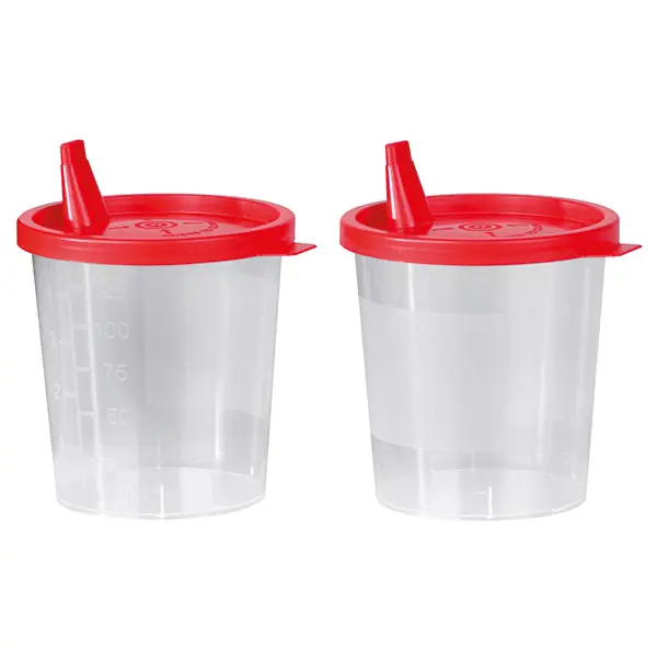 Urine beaker with snap-on lid with aperture 